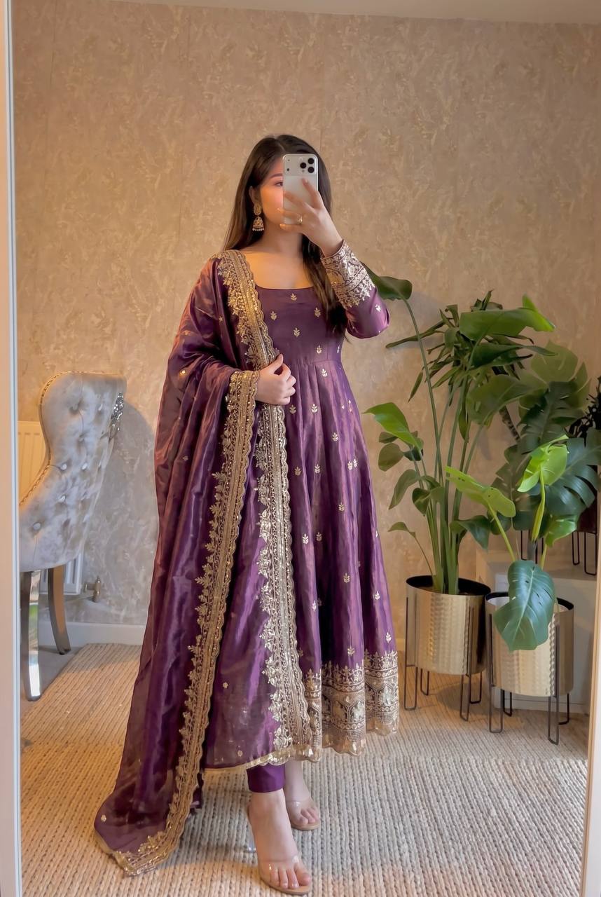 RangBhoomi Designer Embroidered Party Gown with Dupatta & Pant — Heavy Fandy Silk, 17 Colours
