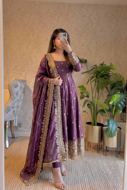 RangBhoomi Designer Embroidered Party Gown with Dupatta & Pant — Heavy Fandy Silk, 17 Colours