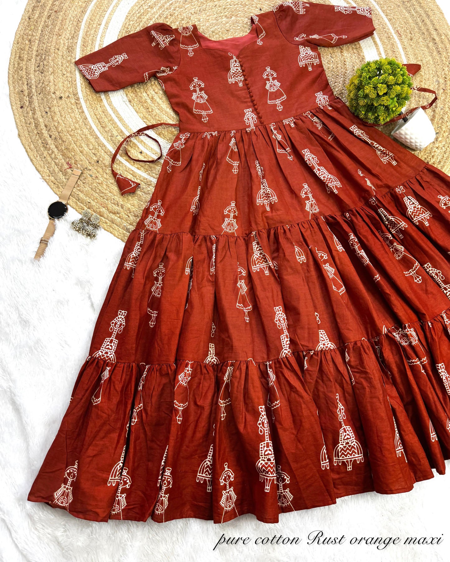RangBhoomi Exclusive Hand-Block Printed Pure Cotton Warli Art Maxi Gown with Side Pocket