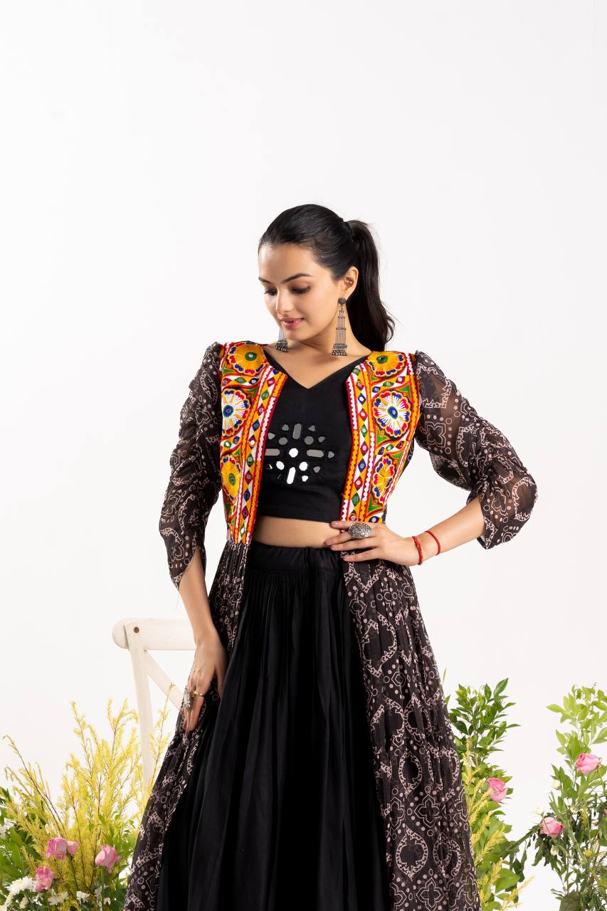 RangBhoomi Stunning Navratri Lehenga Choli with Shrug — Mirror & Gamthi Work