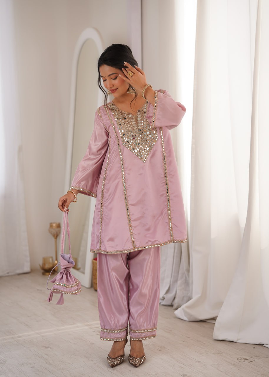 Ready-to-Wear Kurti and Pant Set with Decorative Drawstring Bag - Mirror Embroidered Collection 2026