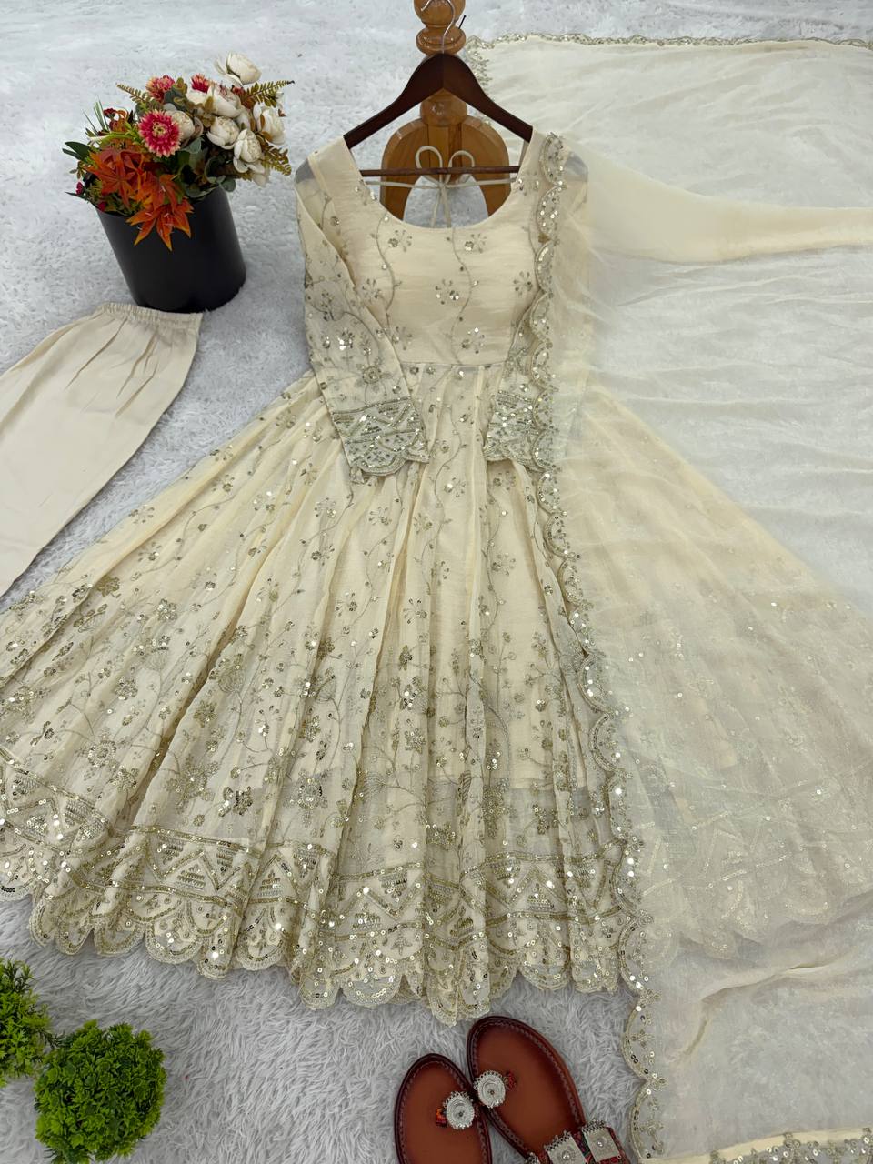 Embroidery Detailed Fully Stitched Ready-to-Wear Gown and Dupatta Set in Crunchy Silk