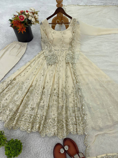 Embroidery Detailed Fully Stitched Ready-to-Wear Gown and Dupatta Set in Crunchy Silk