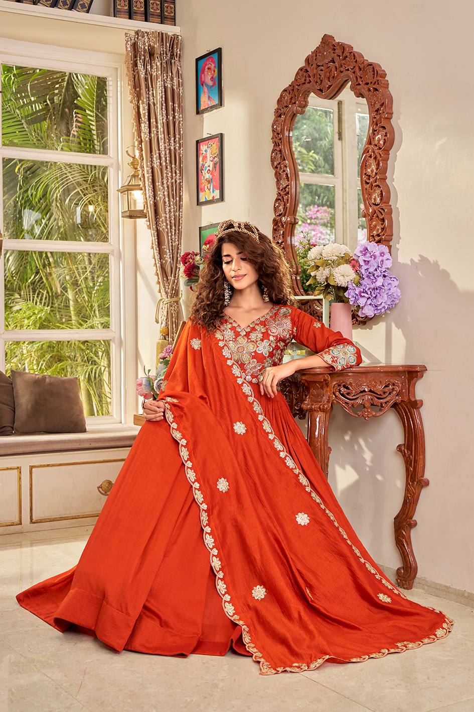 RangBhoomi Exclusive Festival Long Gown and Matching Dupatta Set with Heavy Embroidery