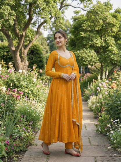 Elegant Party Wear Fendi Satin Gown Set with Dupatta and Pants Featuring 3MM Rembo Sequin and Zari Embroidery