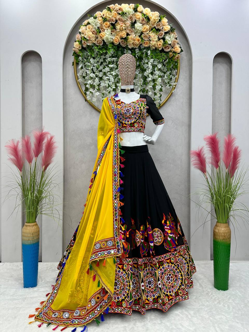 RangBhoomi Elegant Faux Georgette Mirror-Work Lehenga Set for Festive Celebrations