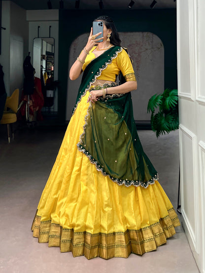 Soulfully Traditional Cotton Silk Lehenga Set with Royal Zari Work, Georgette Dupatta, and Elegant Scalloped Borders
