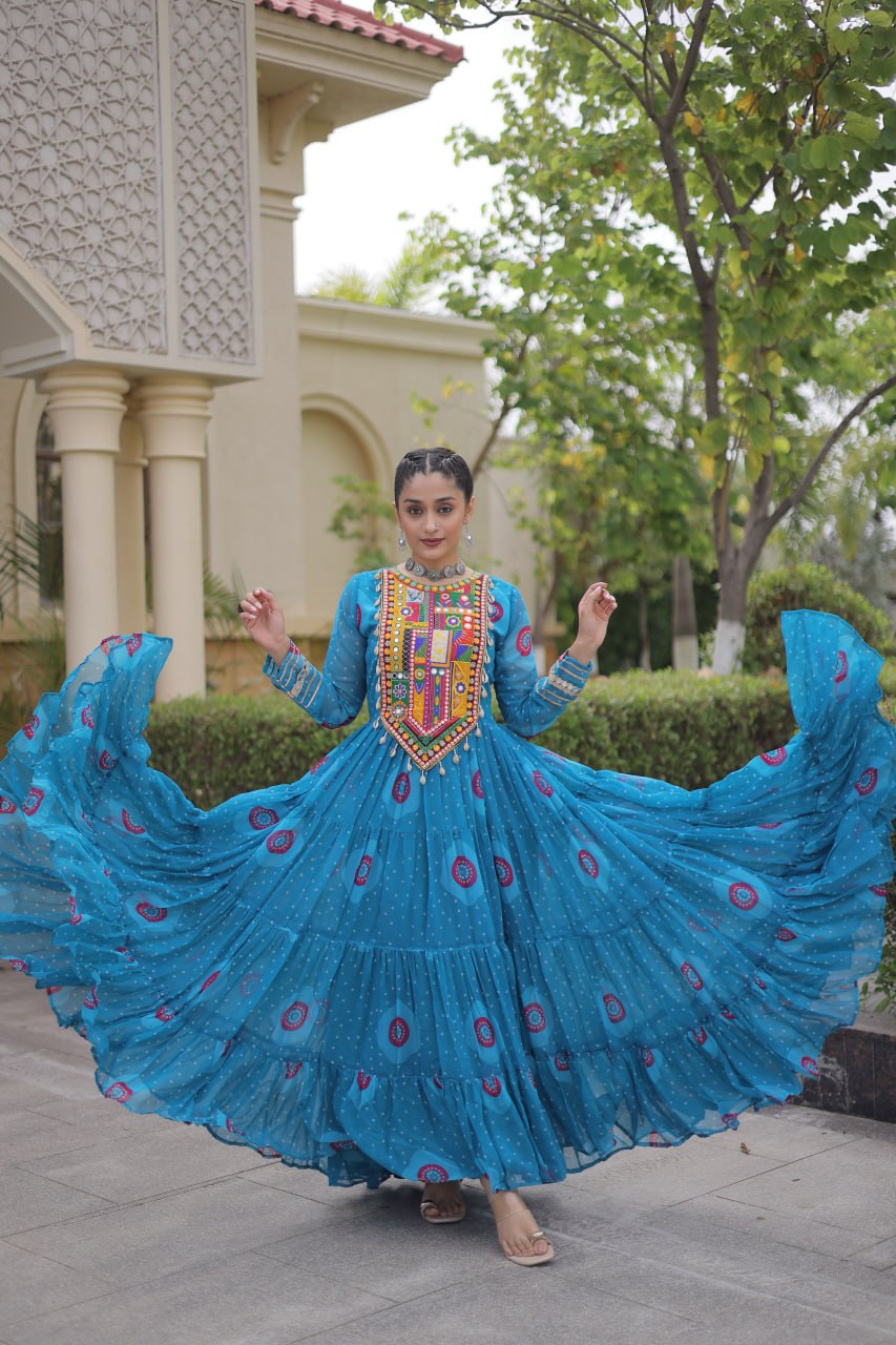 RangBhoomi Bandhani & Kutchi Patchwork Faux Georgette Gown — Navratri Collection 2026