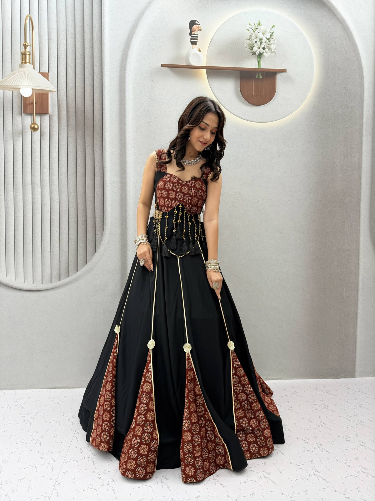 RangBhoomi Ajrak Pure Cotton Lehenga Choli – 6m Flair, Heavy Latkan & Ribbon Work (Fully Stitched)