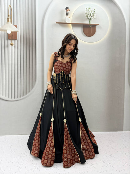 RangBhoomi Ajrak Pure Cotton Lehenga Choli – 6m Flair, Heavy Latkan & Ribbon Work (Fully Stitched)