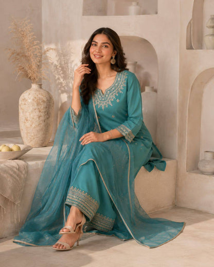 RangBhoomi Designer Festival Special Collection - Elegant Roman Silk Embroidered Ensemble with Palazzo and Decorative Dupatta