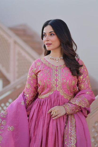 Trending Gold Gown: Crush Fabric, Embroidered Dupatta