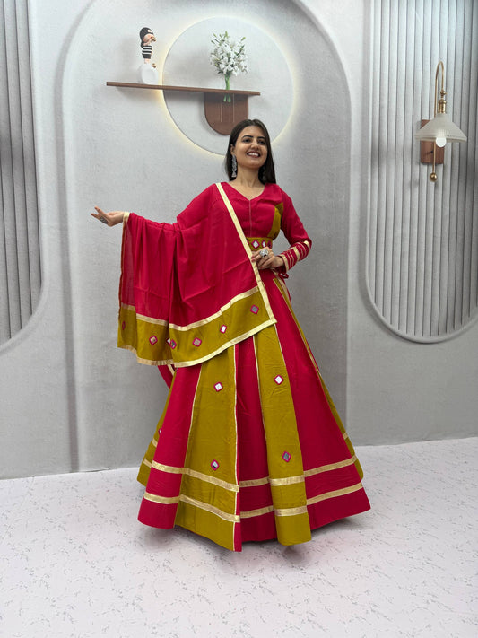 RangBhoomi Navratri Mirror-Work Roman Silk Lehenga Choli - 6+ Meter Flair