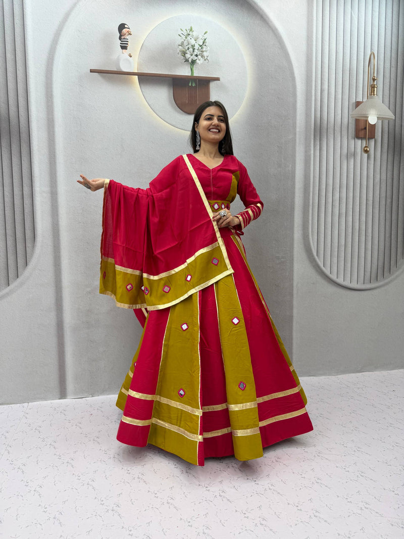 RangBhoomi Navratri Mirror-Work Roman Silk Lehenga Choli - 6+ Meter Flair