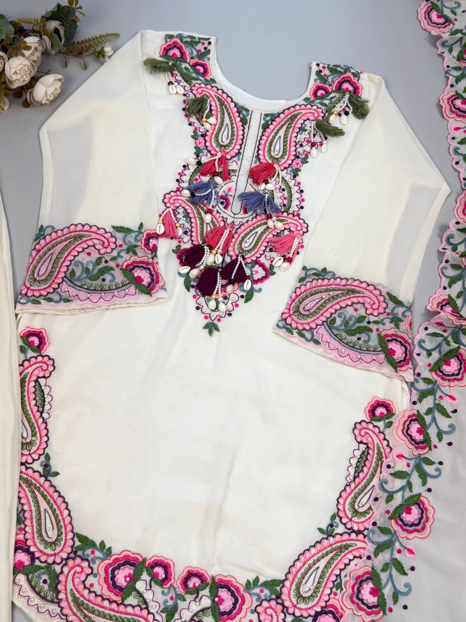 Elegant Women’s Ethnic Ensemble in Premium Heavy Georgette with Embroidered Threadwork, Fully Stitched and Ready to Wear