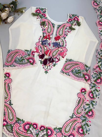 Elegant Women’s Ethnic Ensemble in Premium Heavy Georgette with Embroidered Threadwork, Fully Stitched and Ready to Wear