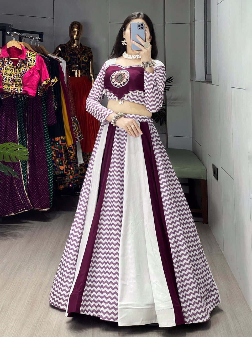 Ethnic Women's Pure Rayon Cotton Lehenga Set with Muslin Leheriya Pattern