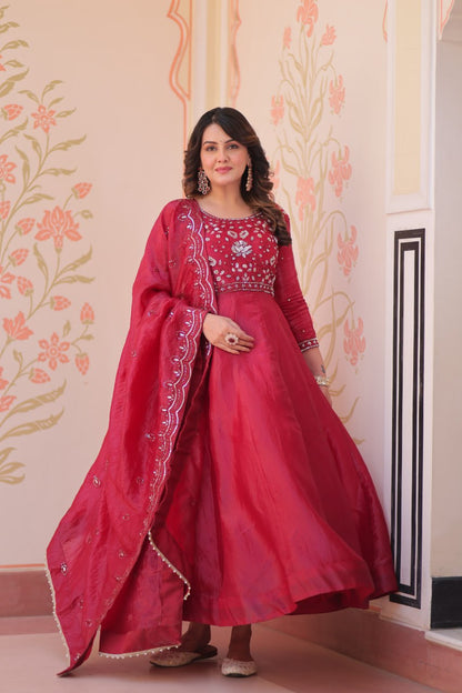 Elegant Gold Crush Embroidered Gown and Designer Dupatta Set