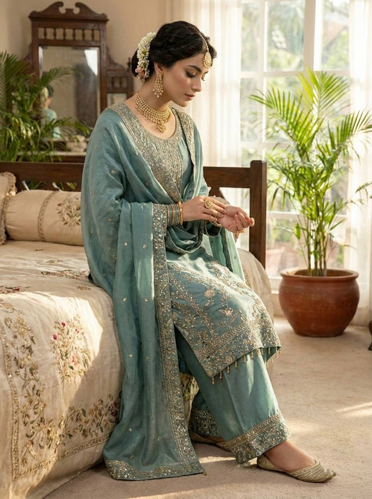 Elegant Designer Ready-to-Wear GMY Silk Three-Piece Set with Heavy Embroidery, Sequins, and Lace Border – Fully Stitched Top, Palazzo, and Dupatta
