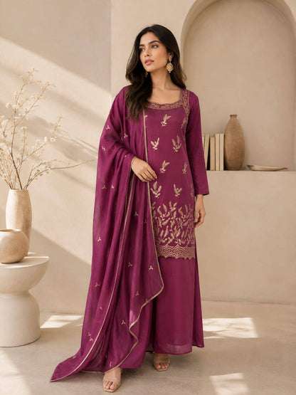 Designer Fusion Style Luxury Edition Women's Ethnic Ensemble – Vichitra Silk Embroidered Top, Palazzo, and Heavy Lace Dupatta