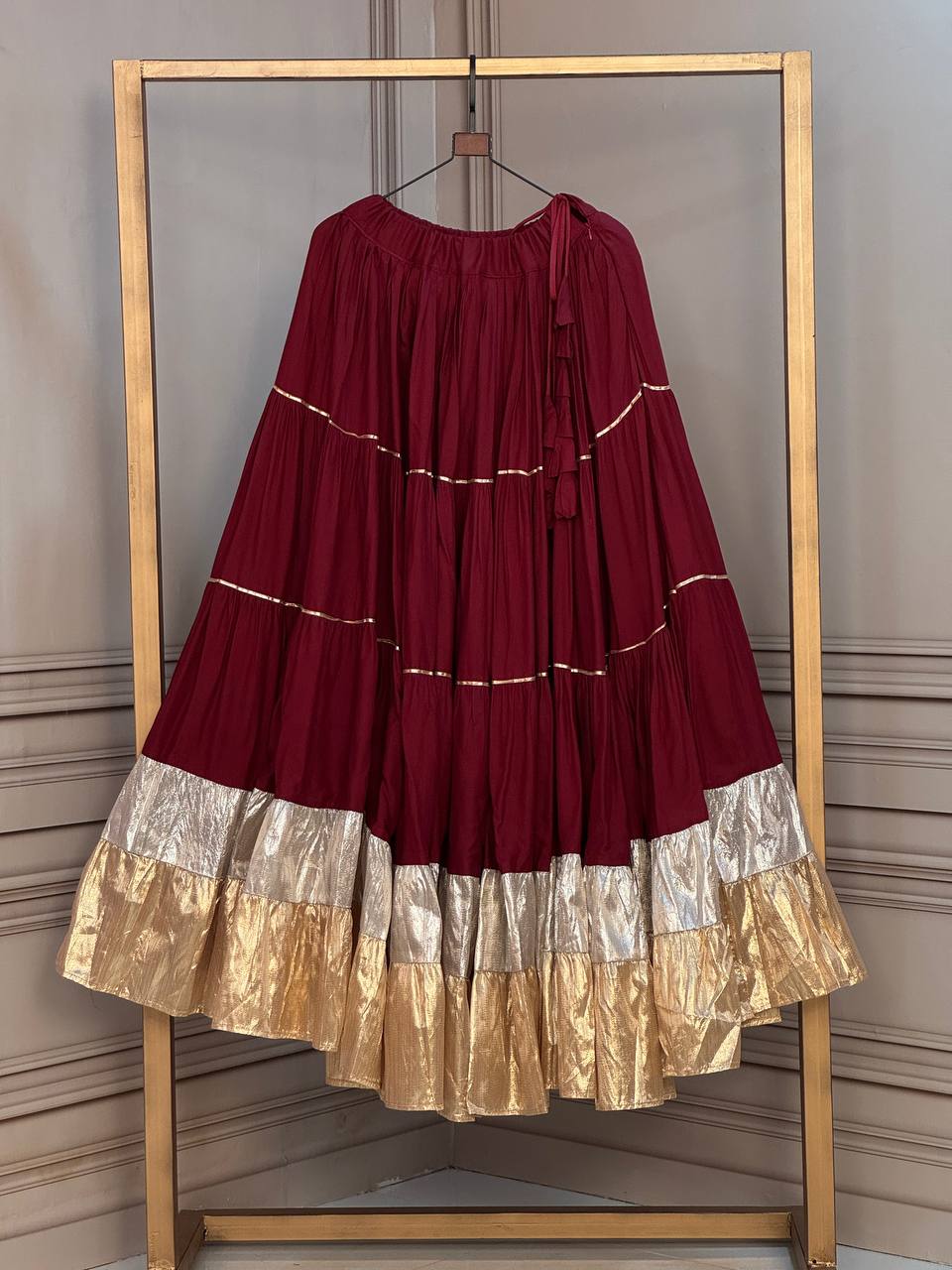 RangBhoomi Navratri 2026 Full-Stitched Rayon & Lampi Lace Lehenga — 12m Flair, Cotton Inner