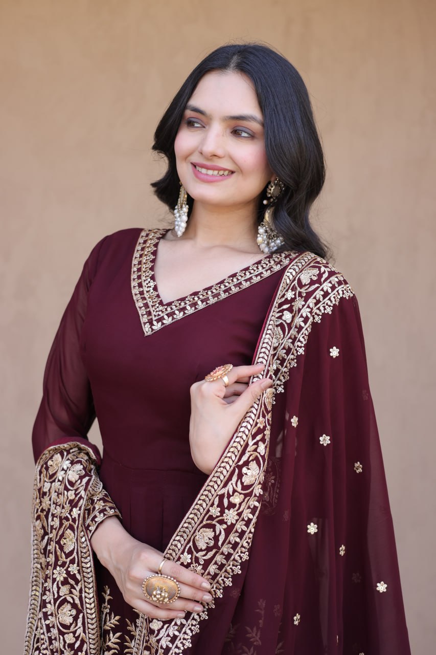 RangBhoomi Premium Readymade Gown with Pant & Dupatta Set - Embroidered Faux Blooming Festive Ensemble