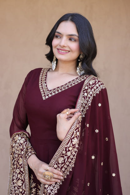 RangBhoomi Premium Readymade Gown with Pant & Dupatta Set - Embroidered Faux Blooming Festive Ensemble