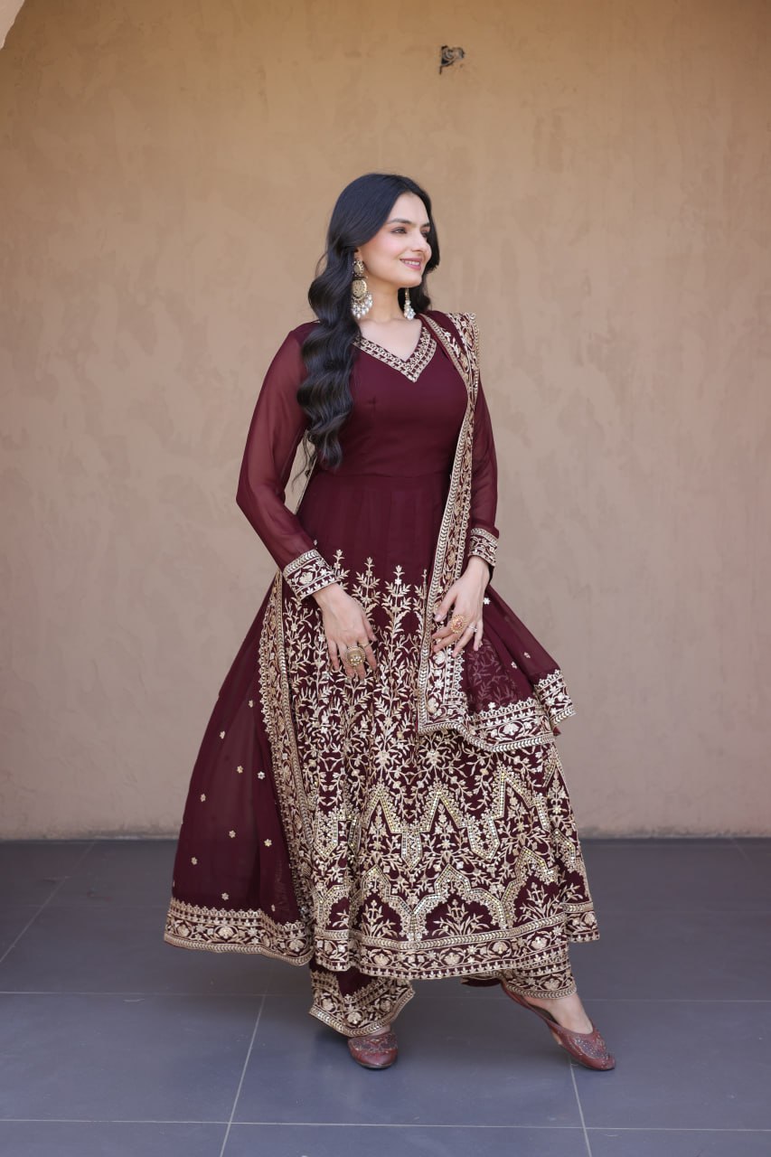 RangBhoomi Premium Readymade Gown with Pant & Dupatta Set - Embroidered Faux Blooming Festive Ensemble