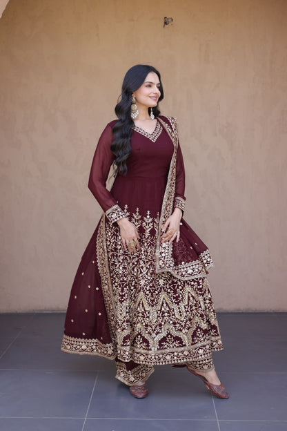 RangBhoomi Premium Readymade Gown with Pant & Dupatta Set - Embroidered Faux Blooming Festive Ensemble