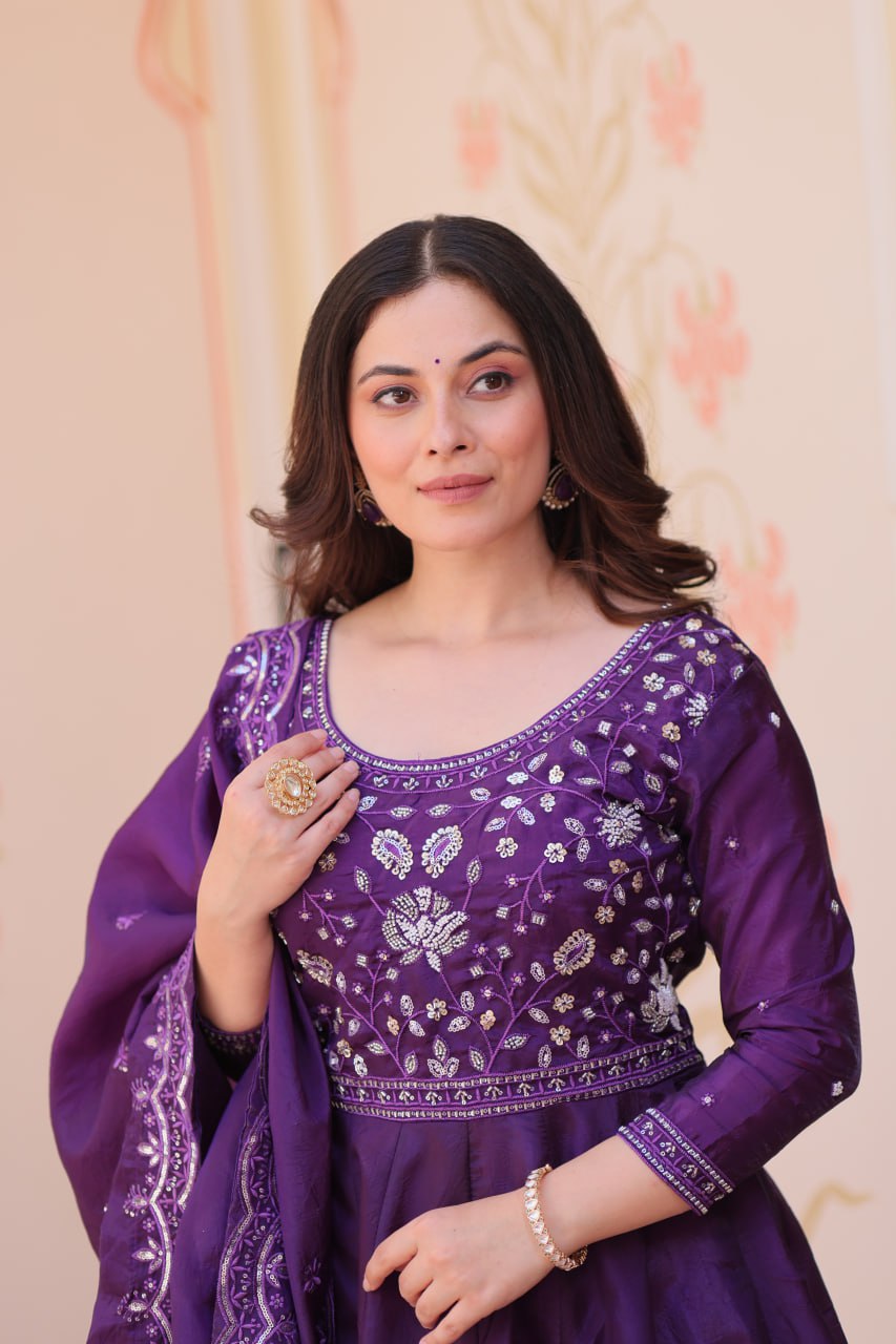 Elegant Gold Crush Embroidered Gown and Designer Dupatta Set