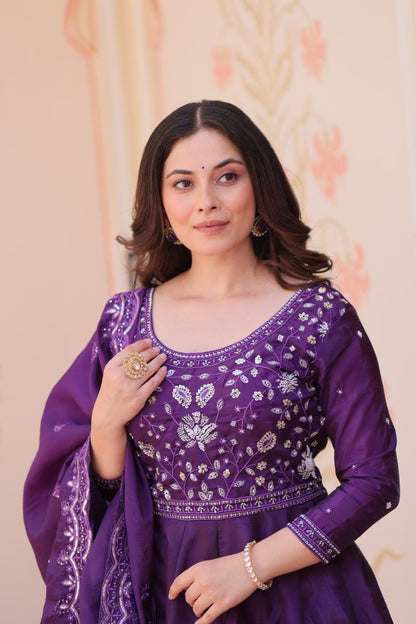 Elegant Gold Crush Embroidered Gown and Designer Dupatta Set