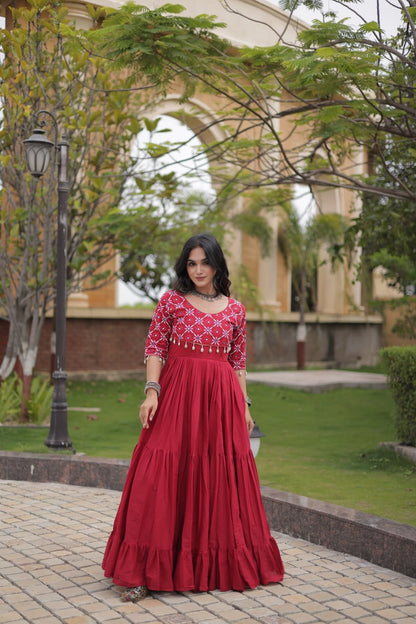 RangBhoomi Navratri Embroidered Kora Cotton Gown — 54" Length, Half Sleeve (Maroon / Black)