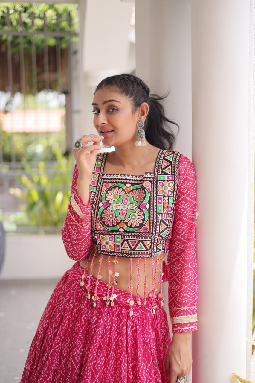 RangBhoomi Bandhni Faux Georgette Full-Stitched Lehenga Set with Designer Square Neck Blouse