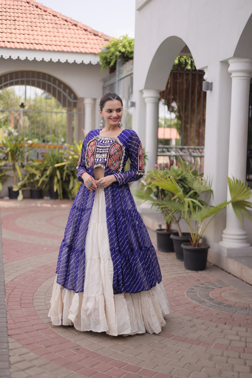 RangBhoomi Kora Cotton Lehenga & Faux Georgette Kurti Set - Full-Stitched, Frilled Lehenga, Laheriya Print Kurti
