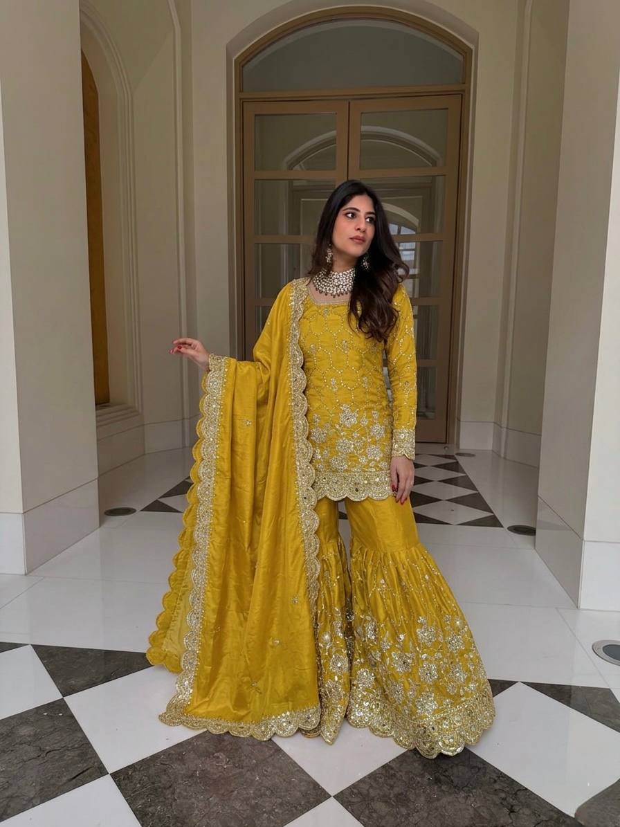Elegant Sharara Set in Luxurious Heavy GMY Silk with Intricate Mirror and Sequins Embroidery – Top, Bottom, and Dupatta Ready to Wear by RangBhoomi