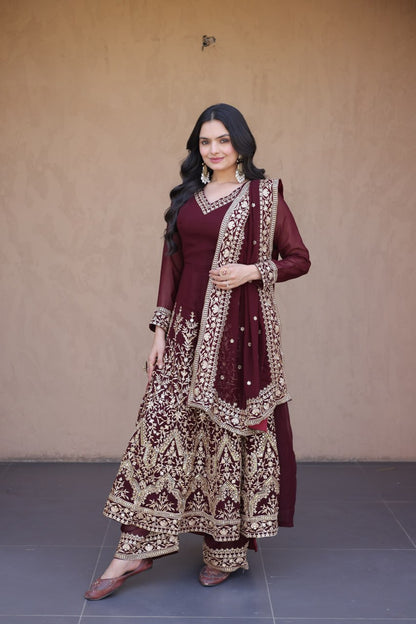 RangBhoomi Premium Readymade Gown with Pant & Dupatta Set - Embroidered Faux Blooming Festive Ensemble