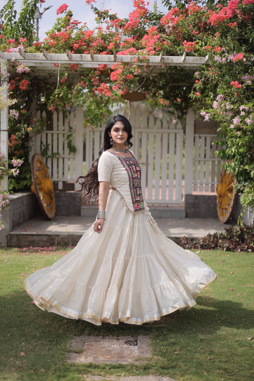 RangBhoomi Navratri 2026 Kora Cotton Full-Stitched Lehenga & Blouse Set — L (40", Adjustable 38–44)