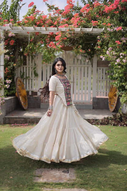 RangBhoomi Navratri 2026 Kora Cotton Full-Stitched Lehenga & Blouse Set — L (40", Adjustable 38–44)