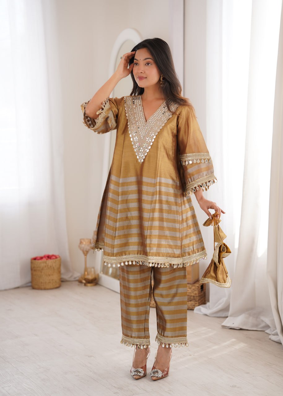 RangBhoomi Ready-to-Wear Top and Bottom Set with Embroidered Batwa - Elegant Mirror Work Ensemble