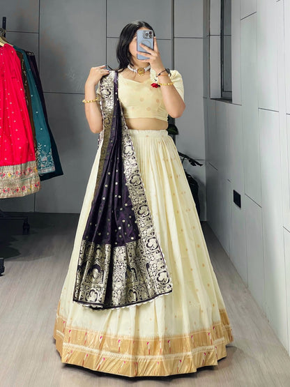 Exquisite Paithani Silk Lehenga Choli with Iconic Gold Zari Border and Satin Silk Dupatta