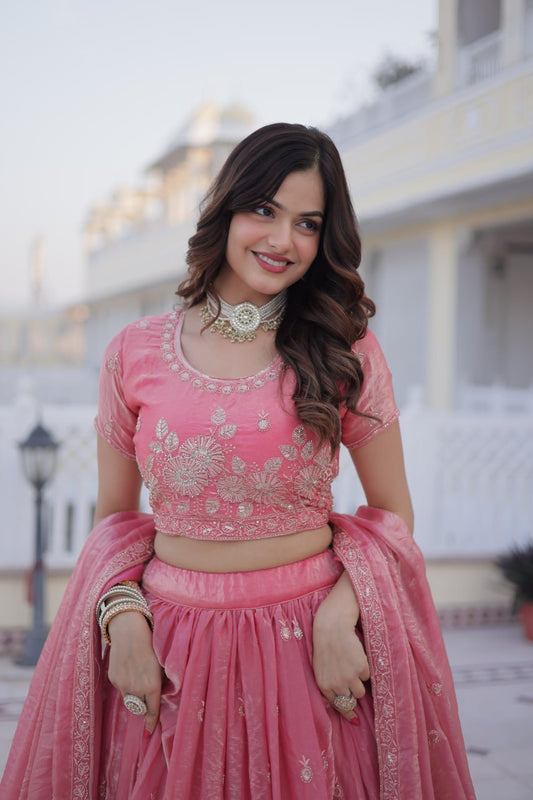 Elegant Lehenga Choli Set with Heavy Sequins and Zari Thread Embroidery in Fendi Silk