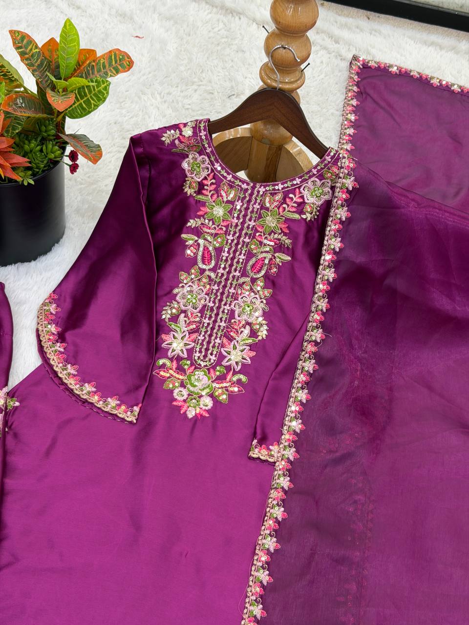 RangBhoomi Women's Premium Ethnic French Crepe Ensemble with Embroidered Thread Work, Full Sleeve Top, Farshi Pant, and GMY Silk Dupatta