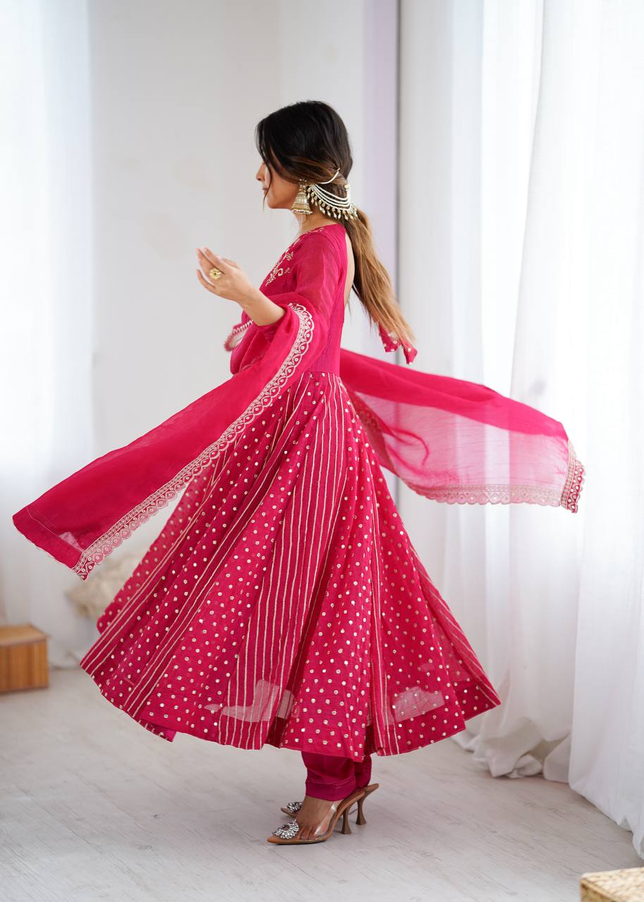 Festive Ready-to-Wear Fully Stitched Anarkali Gown Set with Embroidered Sequins and Lace-Trimmed Dupatta