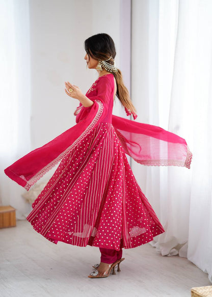 Festive Ready-to-Wear Fully Stitched Anarkali Gown Set with Embroidered Sequins and Lace-Trimmed Dupatta