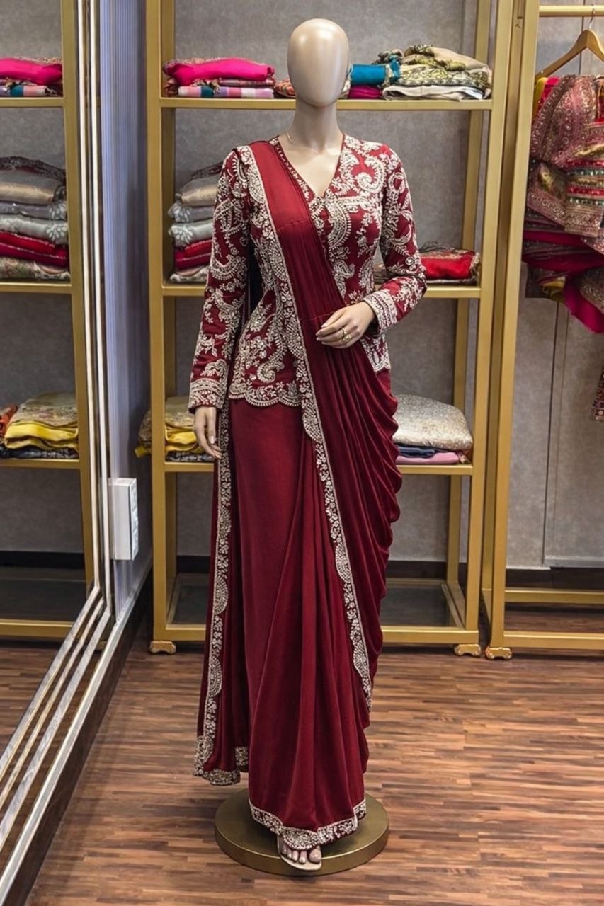 Elegant Ready-to-Wear Saree with Full Embroidered Sequined Jacket in Luxurious Heavy Chinon Fabric