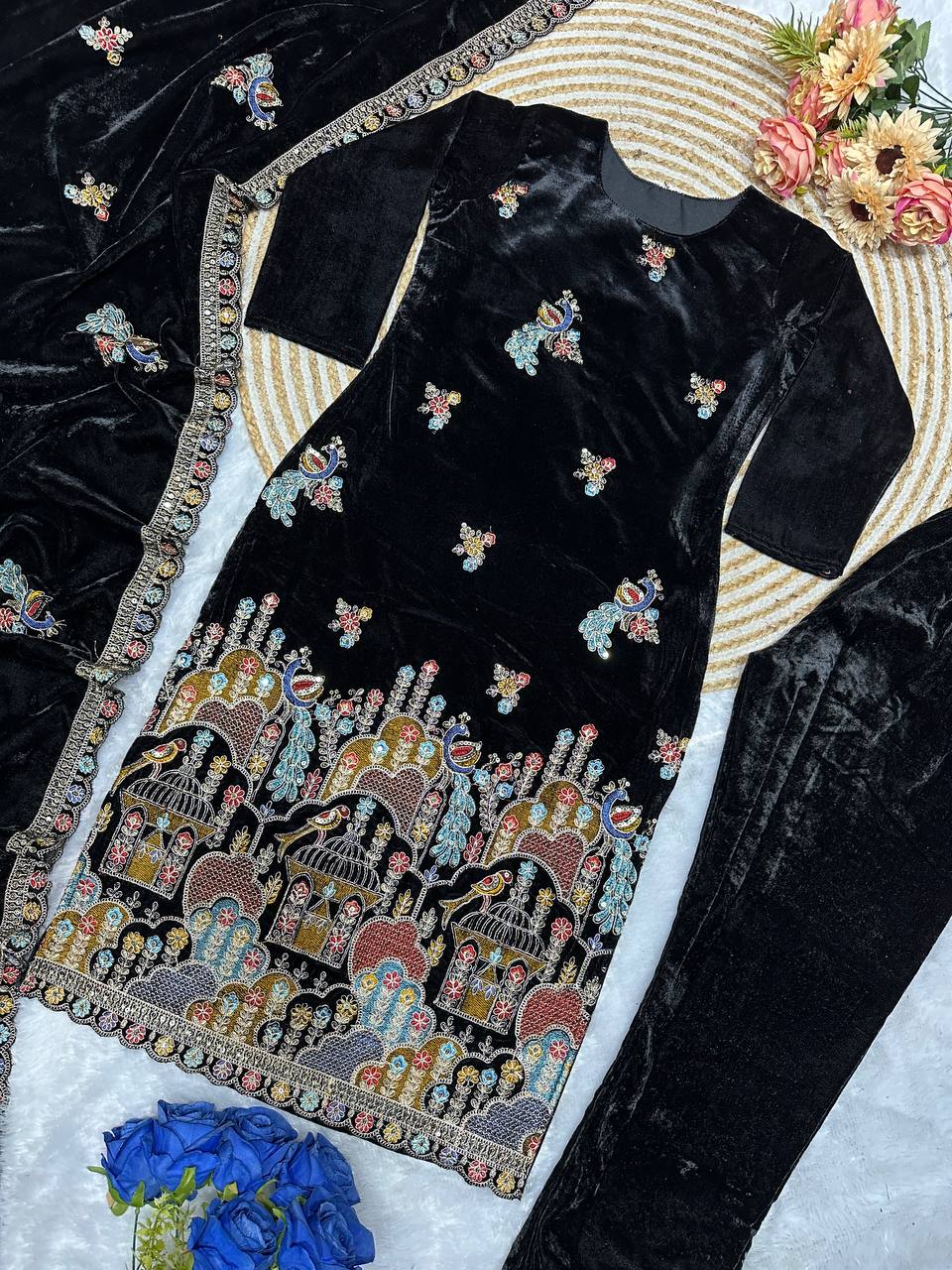 Elegant Embroidered Velvet Party Wear Dress