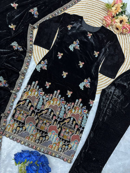 Elegant Embroidered Velvet Party Wear Dress