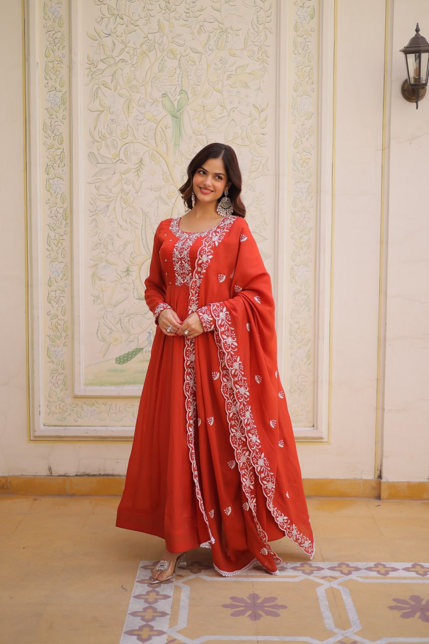 Elegant Mal Chanderi Gown and Dupatta Set with Bead Embroidery and Designer Cutwork Lace Border