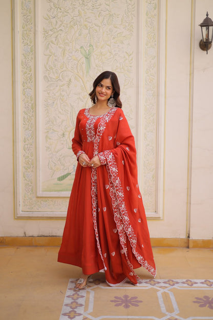 Elegant Mal Chanderi Gown and Dupatta Set with Bead Embroidery and Designer Cutwork Lace Border