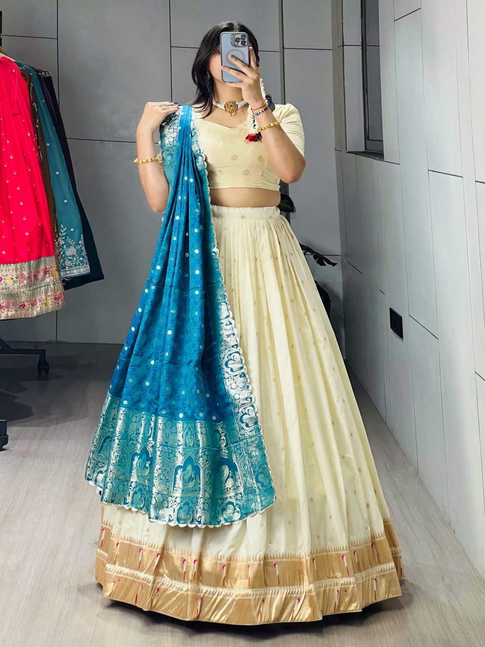 Exquisite Paithani Silk Lehenga Choli with Iconic Gold Zari Border and Satin Silk Dupatta